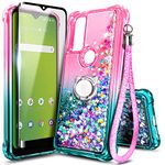 NZND Case for AT&T Radiant Max 5G, Cricket Dream 5G/AT&T Fusion 5G/Innovate 5G with Tempered Glass Screen Protector, Ring Holder/Wrist Strap, Sparkle Glitter Liquid Quicksand Cute Case (Pink/Aqua)