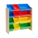 Amazon Basics Kids’ Toy Storage Organiser with 12 Plastic Bins, Natural Wood with Bright Bins, 27.7 D x 85.3 W x 79 H cm