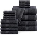 LANE LINEN 16 Piece Bath Towels - Black Towels - 100% Cotton Towels for Bathroom, Luxury Bath Towels, Highly Absorbent Bathroom Towel Set, 4 Bath Towels, 4 Hand Towels, 8 Wash Cloths - Black