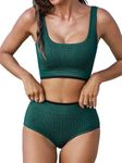 CUPSHE Women's Bikini Sets Two Piece Swimsuit High Waisted Scoop Neck Wide Straps Bathing Suit, Dark Green, Small