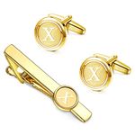 Finrezio Initial Cufflinks and Tie Clips Set for Men Personalized Shirt Gold Cuff Links and Tie Bar Alphabet Letter A-Z with Gift Box for Wedding Business Groom Husband