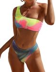 YIMISAN Women's Ribbed Bikini Sets One Shoulder Top with Mid Waist Two Piece Bathing Suit, 9-tie Dye, XS