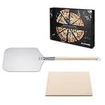 Navaris Pizza Stone Set - 15" x 11 3/4" Rectangular Pizza Stone for Oven with 13" x 12" Aluminum and Wood Pizza Peel Paddle - Incl. Pizzas Recipe Book