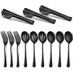 Homikit Stainless Steel 3 Large Serving Spoons, 3 Slotted Serving Spoons, 3 Serving Forks, 3 Serving Tongs, 12Pcs Black Metal Catering Banquet Buffet Serving Utensils, Mirror Polished, Dishwasher Safe