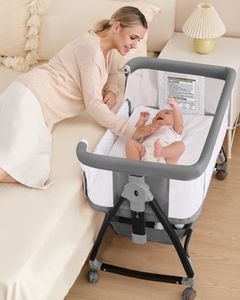 Baby Bassinet, Bassinet Bedside Sleeper with Wheels, Breathable Mesh Bedside Bassinet for Baby, Mosquito Net, Storage Basket, 6 Height Adjustable, Easy to Fold, Rocking Bassinet for Baby, Grey