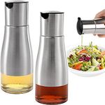 Tebery 2 Pack 300ml Silver Olive Oil and Vinegar Dispenser Set, Oil Dispenser Cruet with Easy & Drip Free Pouring, Elegant Stainless Steel with Glass Bottom,10oz