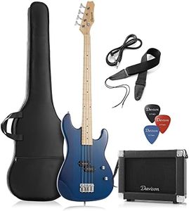 Davison Guitars Full Size Electric Bass Guitar with 15-Watt Amp, Blue - 4 String Right Handed Beginner Kit with Gig Bag and Accessories