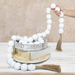 AceList 70” Long Large Wood Bead Garland with 1.6” Diameter Wooden Beads Tassel for Rustic Farmhouse Decor, Prayer Decorative Beads for Tiered Tray Coffee Table, Mantel Garland for Boho Decor(White)