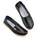 Reimferce Women's Comfortable Leather Loafers Casual Round Toe Moccasins Wild Driving Flats Soft Walking Shoes Women Slip On Black