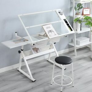 Garvee Drafting Table w/Stool, Height Adjustable Drawing Table, Multifunctional Art Craft Paintings Work Station w/2 Storage Drawers, 0-75° Tilting Glass Tabletop for Home Office, White