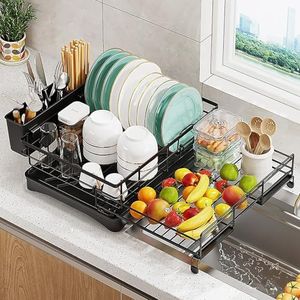 Dish Drying Rack, Expandable Dish Racks for Kitchen Counter and Sink, Drying Rack Dish Drainer with Cutlery Holder for Kitchen Storage & Organisation