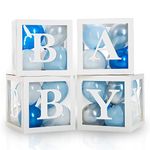 Baby Boxes with Letters for Baby Shower - Baby Shower Decorations of 44 pcs, 32 Blue Silver White Balloons, 4 White Blocks, 8 Letters, Perfect Party Decor