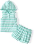 PATPAT Baby Girl's Clothes Summer Outfit Rib Sleeveless Tank Top Striped Hoodie Bubble Shorts Set Summer Cyan 3-6 Months