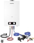 CAMPLUX Tankless Water Heater Outdoor, 4.22 GPM Propane Water Heater with 3.3 GPM Water Pump Kit & Pipe Strainer, for Off Grid, Cabins, 110,000 BTU, BD422P120