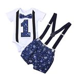 Baby Boy Funny First Birthday Clothes Infant Boy Bow Tie Romper Bodysuit Cake Smash Wedding Party Pageant Summer Outfits Royal Blue Galaxy 6-12 Months