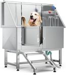 YITAHOME 50" Professional Stainless Steel 304 Dog Bathing Station Dog Grooming Tub w/Steps, Floor Grate, Faucet, Dog Bathtub for Large, Medium, Small Pets Left Door, Pet Washing Station for Home