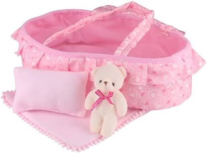 Young Buds Baby Doll Cradle Bassinet Portable Doll Carrier Carry Bag,Soft Pillow Quilt Plush Bear Included,for 9-10-11-12 Inch Alive Baby Doll Reborn Newborn Baby Doll Accessories Gift-wrap