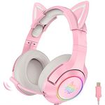 Headphone Pink Gaming Headset with Removable Cat Ears, with Surround Sound,Light Noise Cancelling Retractable Microphone