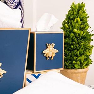 Jaye's Studio Cube Tissue Box Cover, Navy Square Metal Gold, Bee Motif