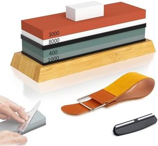 Whetstone Kit,Knife Sharpening Stone Set,4 Side 400/1000 3000/8000 Professional Knife Sharpener Set with Non-Slip Bamboo Base Flattening Stone, Angle Guide, Leather Strop, Sharpening Stones