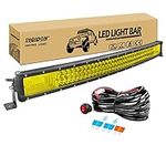 RIGIDON 3000K Yellow Curved Led Light Bar 32 inch 405W, With 12V Wiring Harness Cable Kit, Tri row Driving Work Lamp for Car Off road Truck SUV ATV 4x4, Flood Spot Combo Beam, Waterproof Fog Lamp