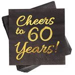 60th Birthday Decorations for Men Women Party Supplies Cocktail Napkins Black 50 Pack,5"x 5" Folded,Cheers to 60 Years! (60)