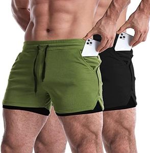 EVERWORTH Men's 2 in 1 Workout Shorts 5" Quick Dry Gym Shorts Bodybuilding Short Shorts Compression Shorts with Zipper Pocket, 2 Pack: Green,black, Small