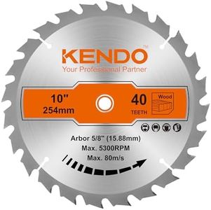 KENDO 1-Pack 10 Inch 40T Carbide-Tipped Circular Saw Blade with 5/8 Inch Arbor, Professional ATB Finishing Woodworking Miter/Table Saw Blades for Plywood, Laminate, Ripping Wood