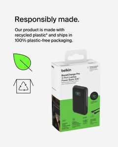 Belkin BoostCharge 20K 3-Port Power Bank – USB-C & USB-A Fast Charger, Black
