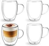 Ciuitixi 4x350ml Double Walled Glass Coffee Cups and Mugs with Handle, Cappuccino Latte Macchiato Glasses Cups, Heat Resistant, Dishwasher Safe, for Hot Drinks Tea Milk Juice Ice Cream