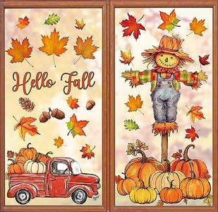 Whaline 6 Sheets Fall Window Clings Watercolor Truck Pumpkin Maple Leaves Scarecrow Window Decals Double-Sided Window Stickers for Autumn Thanksgiving Harvest Party Home Window Glass Mirror Decor