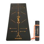 WiseLife TRU Body BOHO Alignment Yoga Mat + Sleek Yoga Strap for Men & Women | Non-Slip, Extra Wide TPE Exercise Mat for Home, Pilates, Gym & Fitness (Black 8mm)