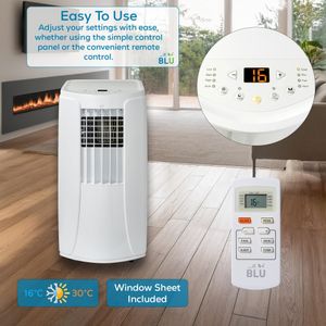 BLU12 12,000 BTU Portable Air Conditioner – Heat, Cool, Dehumidify, Remote, for Rooms up to 30m²