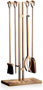 Fireplace Tools Set, 5 pcs Fireplace Accessories - Brass-Plated Poker, Shovel, Tongs & Brush. Easy-to-Assemble Fire Poker Set for Chimney with a Modern Design