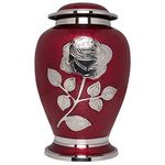 Ansons Urns Silver Rose Cremation Urn - Funeral Urn with Large Flower on Red Enamel - Burial Urn for Human Ashes Adult Size - 100% Brass