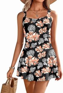 Ekouaer Swim Dress One Piece Bathing Suit Skirted Swimsuits for Women Ruched Retro Swimwear S-XXL Black Flower