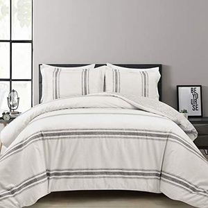 Lush Decor Farmhouse Stripe 3 Piece Duvet Cover Set, Full/Queen, Gray