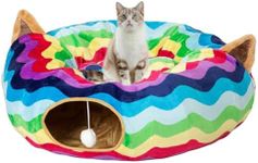 LUCKITTY Large Cat Tunnel Bed with Plush Cover,Fluffy Toy Balls, Small Cushion and Flexible Design- 10 inch Diameter, 3 ft Length- Great for Cats, and Small Dogs, Rainbow Wave Color