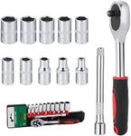 Moendergo 12pcs 1/4″ Metric Socket Wrench Set, Drive Ratchet with High Precision Gear Ratchet Wrench Extension Rod and 10pcs Short Set(4-13mm) Suitable for Furniture Auto Car Repair