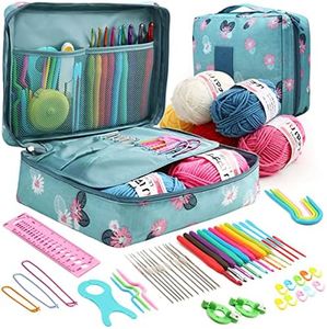 59 Pcs Crochet Hooks Kit Knitting Starter Kit for Adults Ergonomic Crochet Soft Grip Handle Crochet Tools DIY Weave Yarn Kits with Carry Bag for Beginners Adults Gifts (Blue)