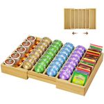 Kssiaz Coffee Pod Holder Drawer, Expandable K Cup Holder Compatible with Vertuo Capsules, Adjustable Dividers, Bamboo K Cup Drawer Organizer for Coffee Station Office and Kitchen(Bamboo)