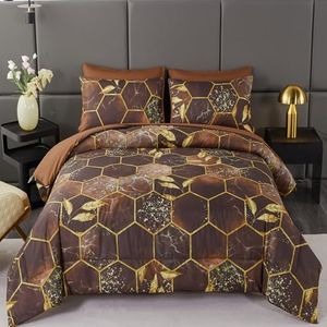 ANGIYUIN Brown Gold Marble California King Size Bed in A Bag with Sheets,7 Pieces Hexagon Honeycomb and Gold Leaves Comforter Set, Western Watercolor Bedding Comforter Set for Women Men