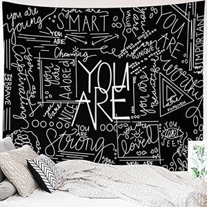 Miytal Quote You are Wall Tapestry, Inspirational Wall Art Positive Saying Wall Hanging White Tapestry for Teen Girl Bedroom Dorm - 51.2 x 59.1 Inches - Black