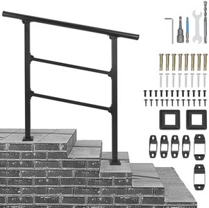 Handrails for Outdoor Steps, 3 Step Handrail Fit 2 or 3 Steps Outdoor Stair Railing, Black Wrought Iron Stair Handrail with Installation Kit, Metal Porch Railing