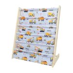 wooshwa Wooden Sling Children's Bookshelf 5 Tier Toy and Book Storage Organizer 3 Pockets Kids Bookcase with Deep Sleeves for Boys Playroom Nursery Bedroom (Excavator)