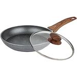 AEX Non-Stick Copper Frying Pan with Wooden Handles | Suitable for Induction, Electric and Gas Hobs | Stone Frying Pan | Anti-Scratch Pans (24 Cm with Lid)