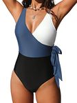 CUPSHE Women's One Piece Swimsuit Wrap Over Swimwear Knotted Color Block Bathing Suit Swimming Costume Blue M