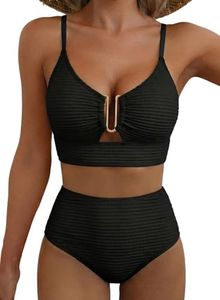 Herseas Women's Two Piece Flattering Plus Size Swim Suits 2026 Summer Adjustable Spaghetti Straps High Waisted Bikini Set Wire Free Padded Bathing Suit Trendy Beach Vacation Outfits Black X-Large