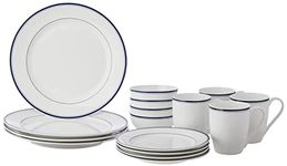 Amazon Brand - Solimo Ceramic 16 Piece Dinner Set | 4 Dinner Plates, 4 Quarter Plates, 4 Mugs & 4 Small Bowls | Blue Strip Design