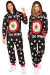 Tipsy Elves Christmas Onesies for Adults - Comfy Unisex Matching Holiday Jumpsuits with Convenient Pockets, Drinking Game (Black White Red), X-Large